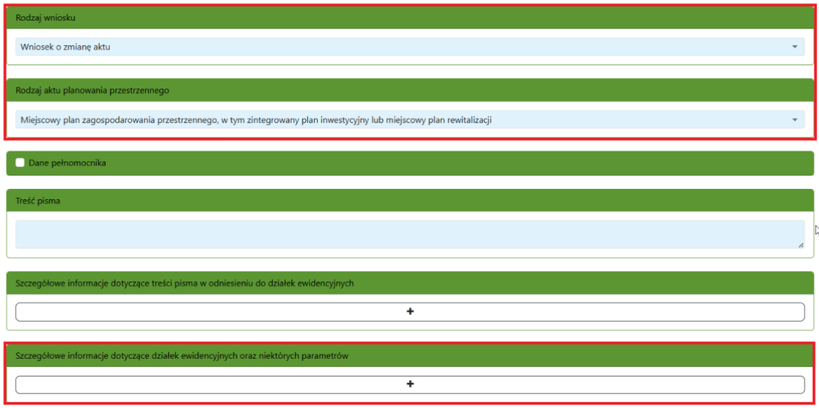 Widok części wniosku z zaznaczonymi sekcjami