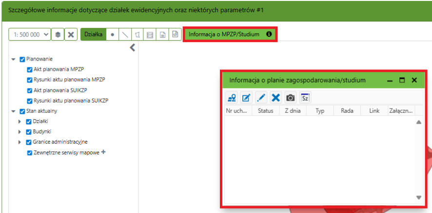 Widok opcji wyświetlenia informacji o MPZP i Studium