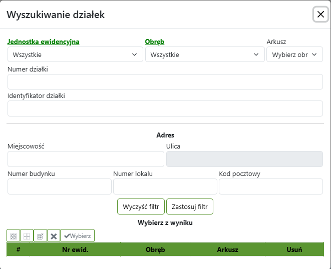 Widok okna wyszukiwania działek po atrybutach