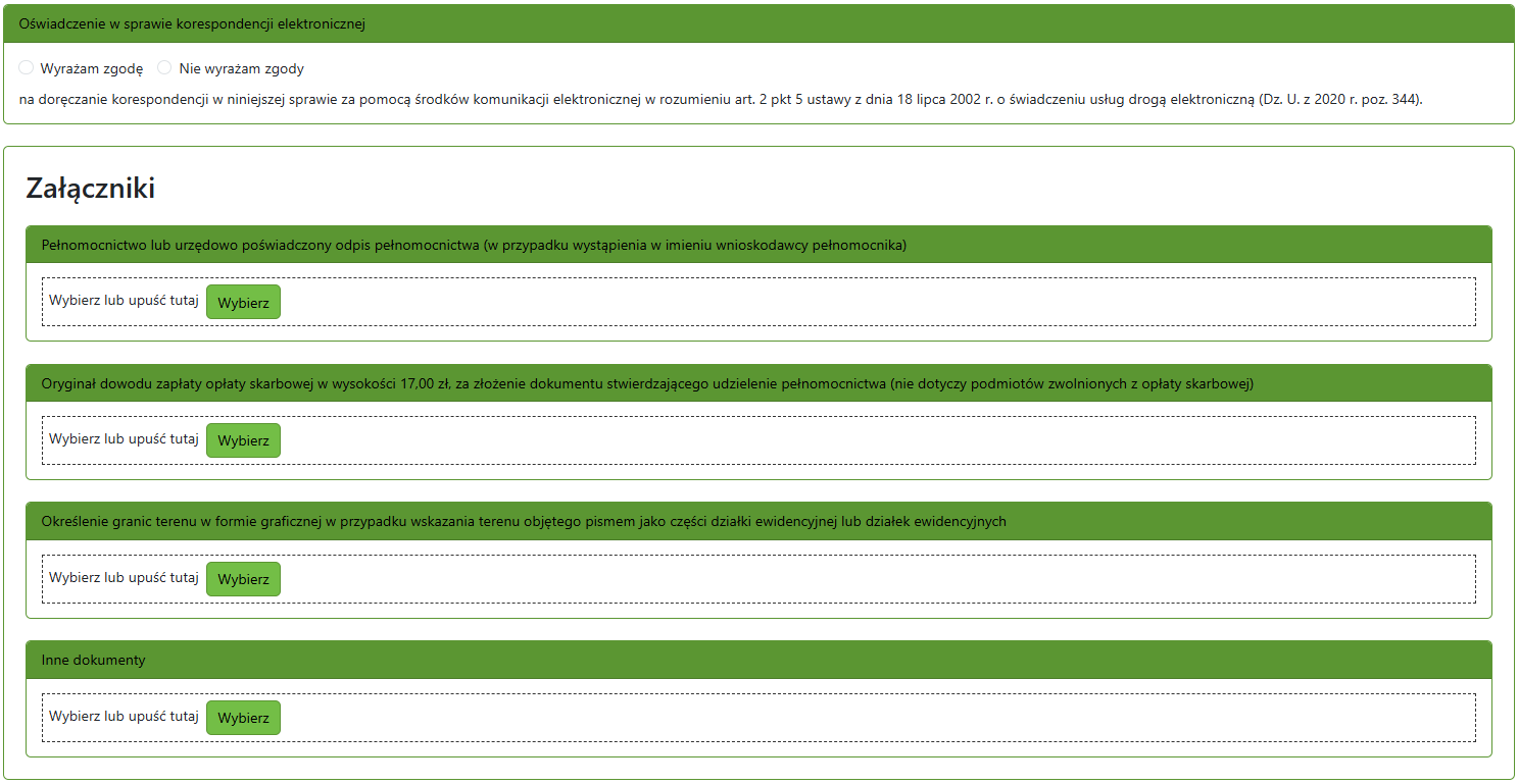 Widok części zgłoszenia z oświadczeniem i polem do wprowadzenia załączników