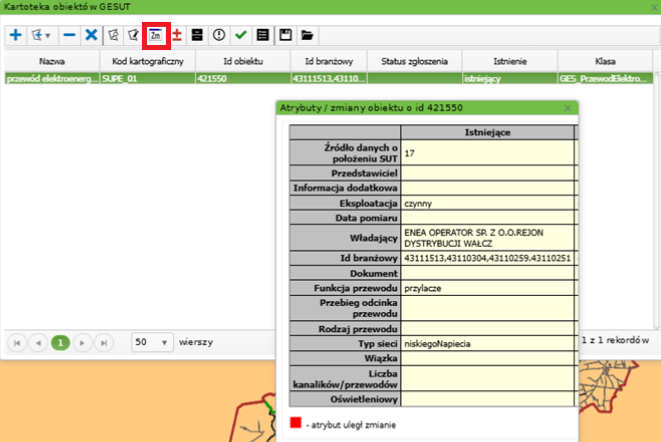 Widok okna kartoteki obiektów GESUT oraz okna atrybutów