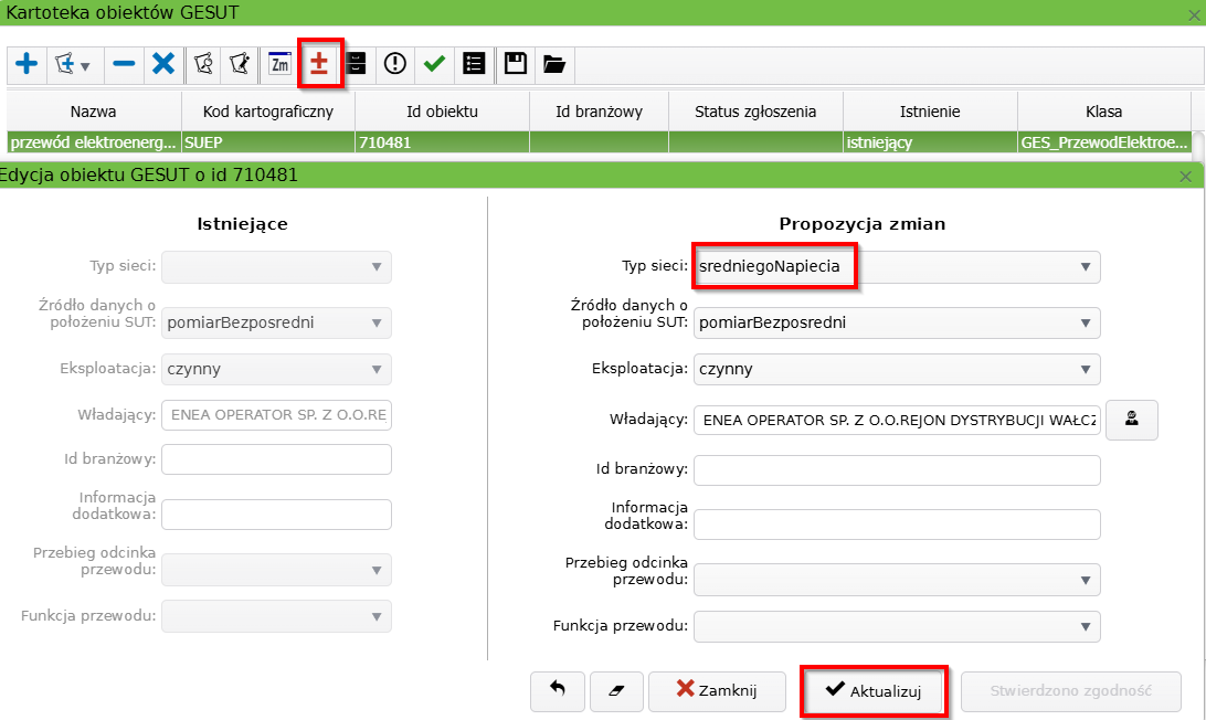 Widok okna kartoteki obiektów GESUT i okna edycji obiektu