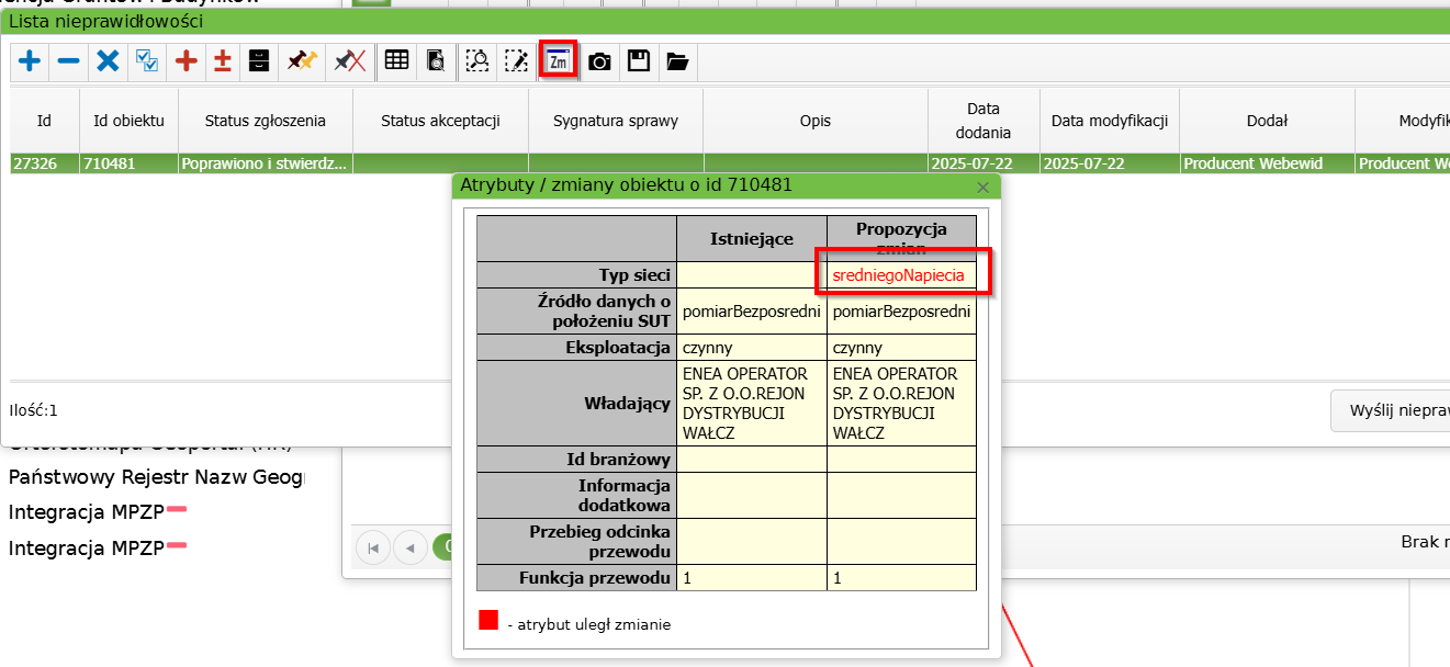 Widok okna listy z nieprawidłowościami i okna z atrybutami obiektu