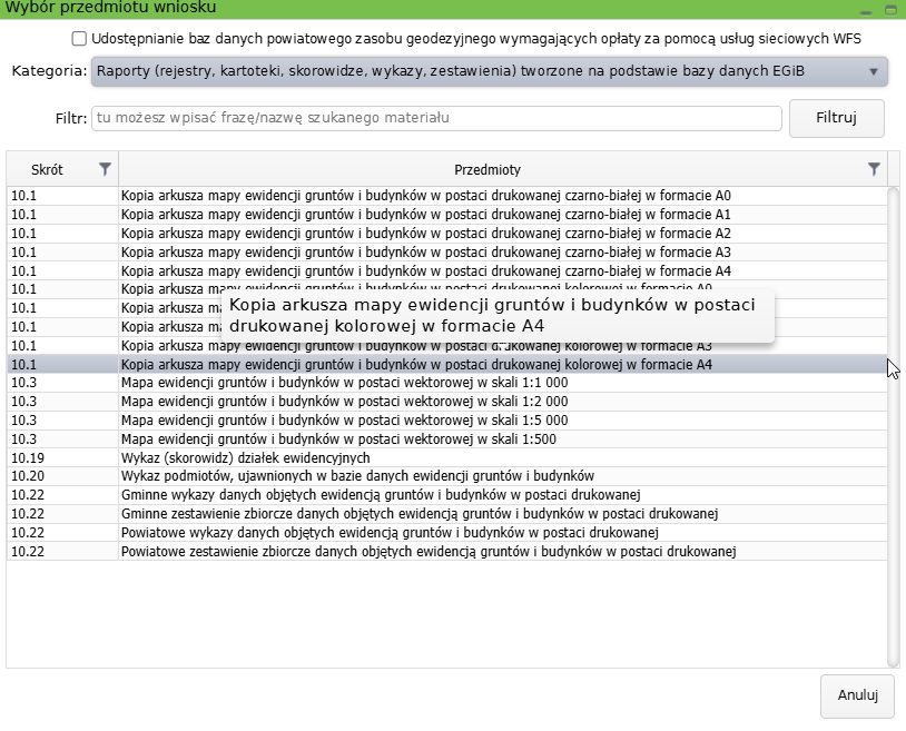 Widok okna wyboru przedmiotu wniosku