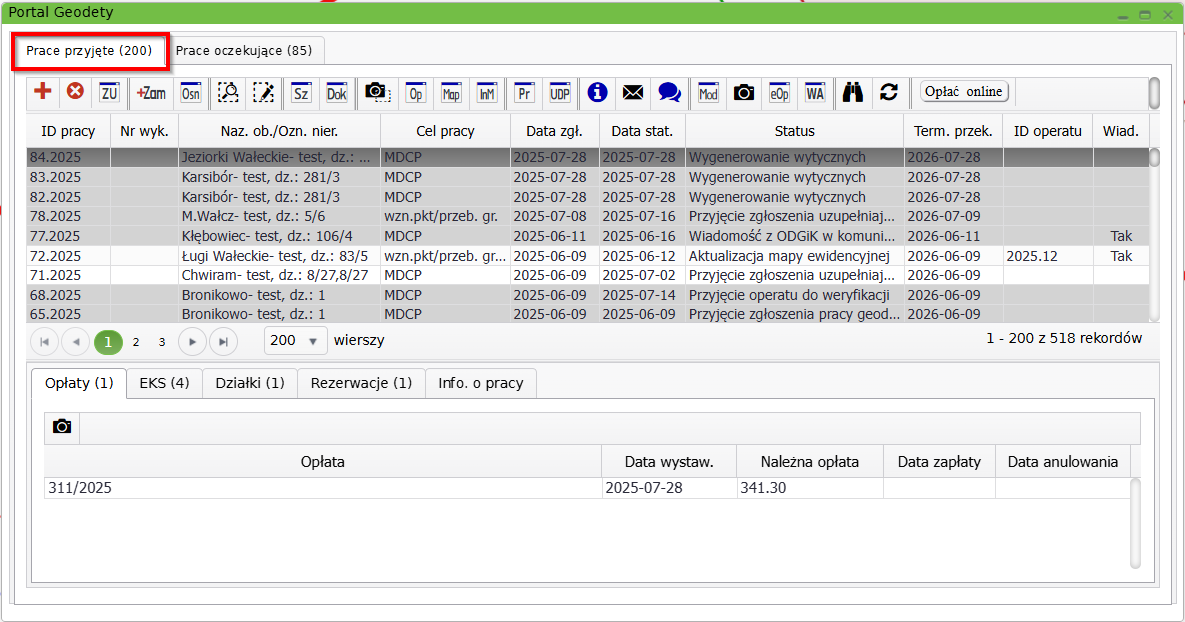 Widok okna portalu geodety
