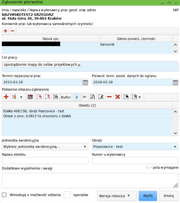 Widok okna zgłoszenia pierwotnego