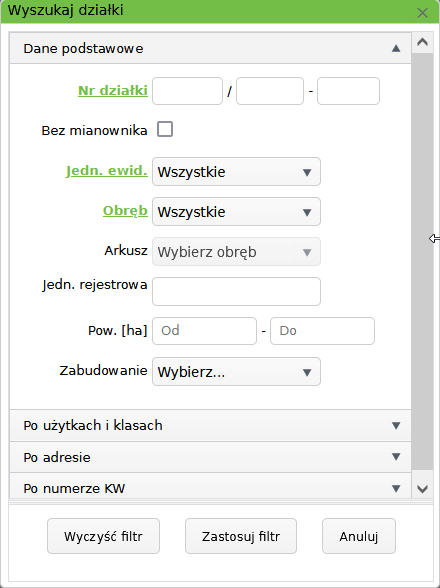 Widok okna umożliwiającego wyszukanie działek po atrybutach