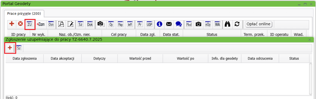 Widok okna zgłoszenia uzupełniającego do pracy