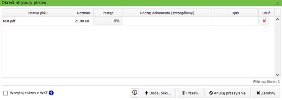 Widok okna określenia atrybutów wysyłanego pliku