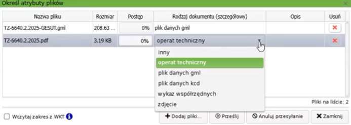 Widok okna określania atrybutów plików