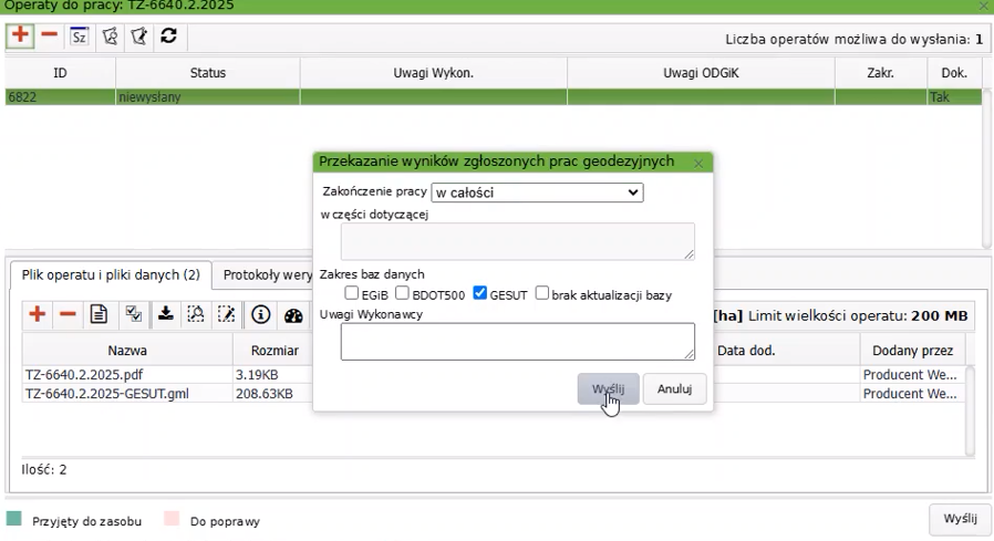 Widok okna operatów do pracy i okna przekazania wyników zgłoszonych prac geodezyjnych