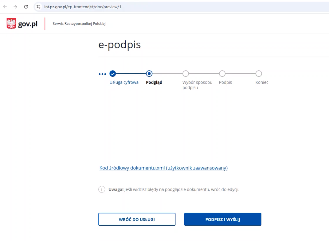 Widok okna do złożenia e-podpisu