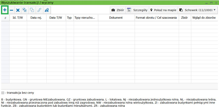 Widok okna wyszukiwania transakcji i wyceny