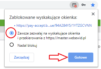 Widok okna ustawień blokowania wyskakujących okienek Widok okna ustawień blokowania wyskakujących okienek