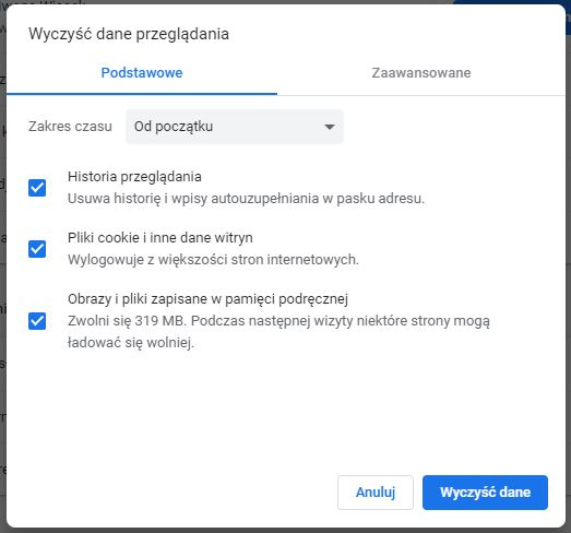 Okno czyszczenia historii w przeglądarce Chrome Okno czyszczenia historii w przeglądarce Chrome