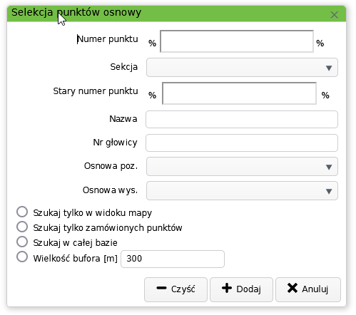 Widok okna selekcji punktów osnowy w zakresie pracy