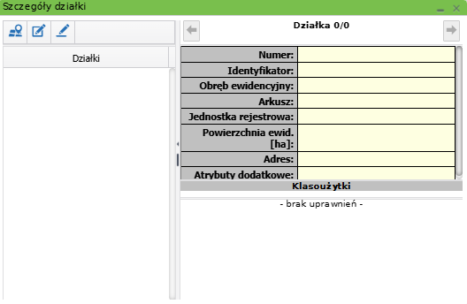 Widok okna z częścią selekcyjną działki i jej częścią opisową