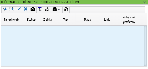 Widok okna informacji o planie zagospodarowania/studium