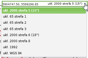 Widok okna przełączania wyświetlanych współrzędnych śledzących kursor