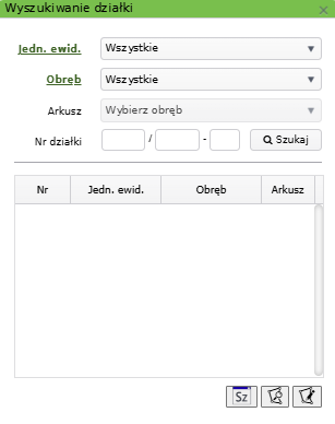 Widok okna wyszukiwania działki